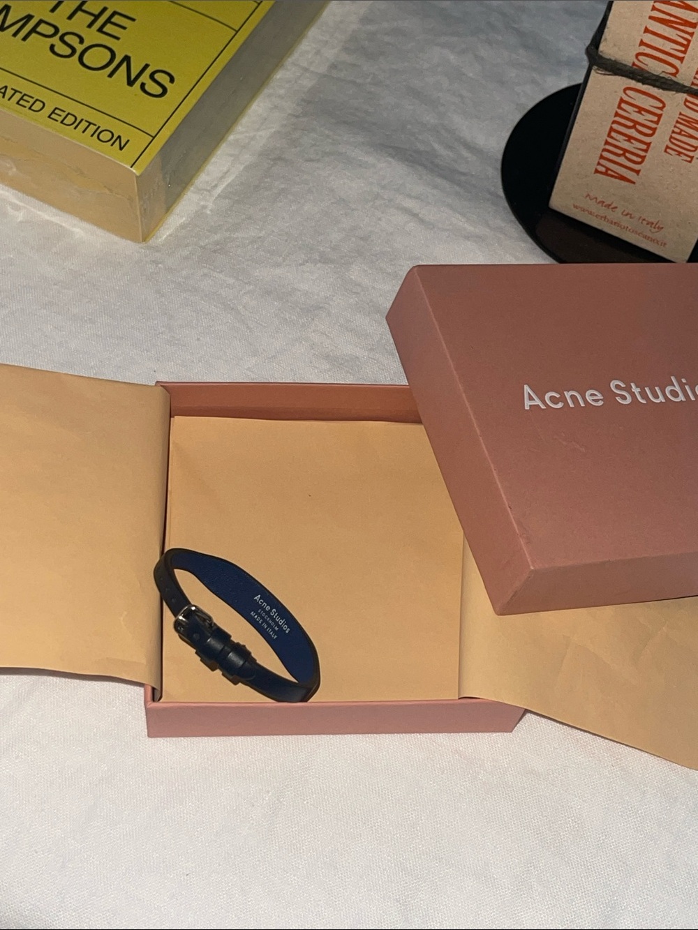 Authentic Acne Studios Dark Blue Leather Buckle Strap Bracelet w/ Box